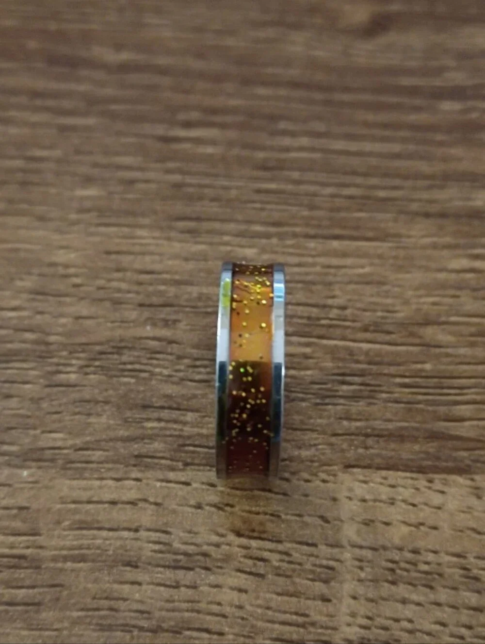 Stainless Steel Ring Fashion Jewelry Gold Glitter Amber Inlay Silver-Tone Women